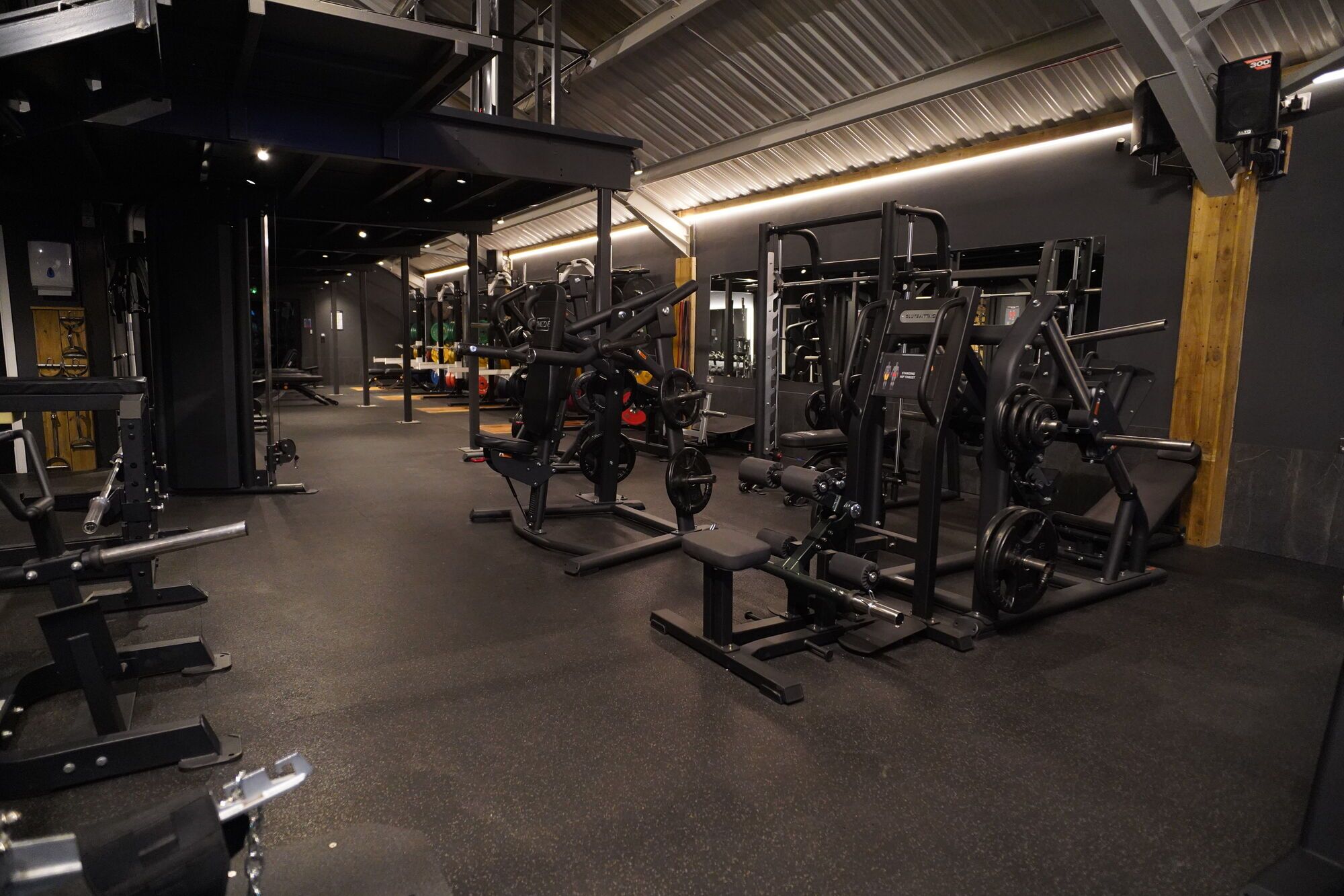 The main gym floor with plate loaded machines and racks